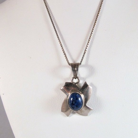 Sterling 925 Silver Lapis Lazuli Gemstone Abstract Pendant Necklace Vintage - Picture 9 of 9